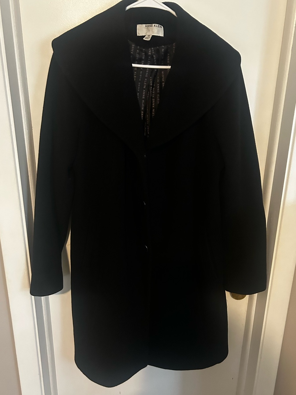 Anne Klein Black Wool-Blend Pea Coat with Wide Collar